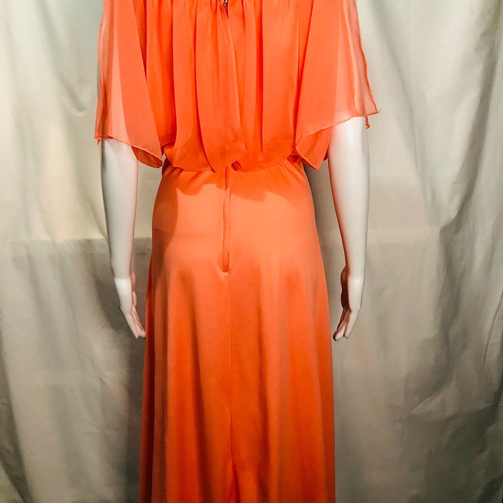 Vintage ILGWU Coral Chiffon And Satin Angel Wing Gown, Size M - Picture 7 of 8